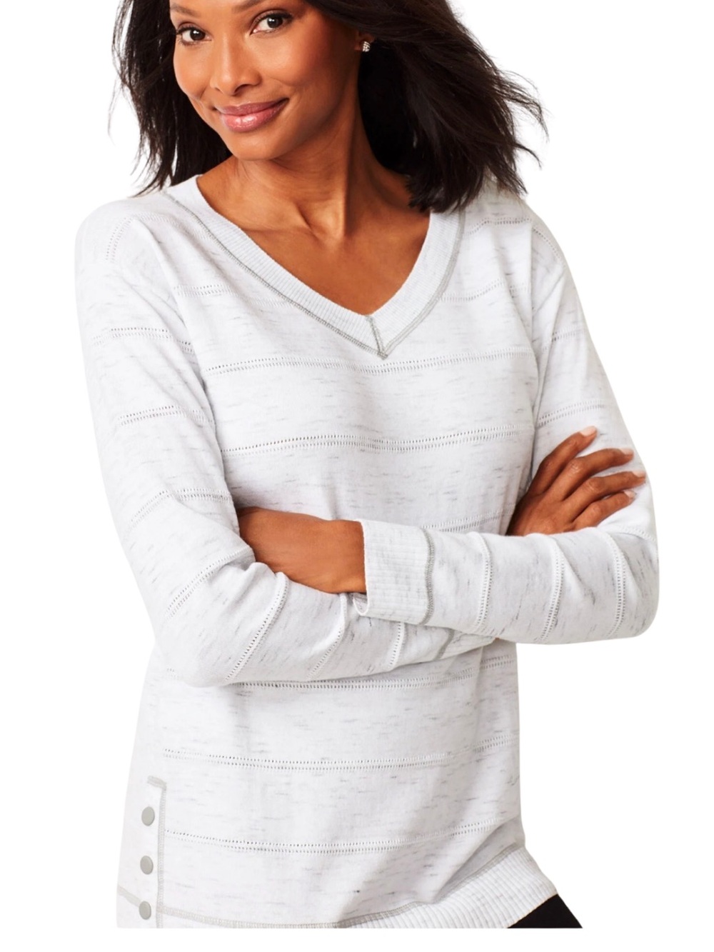 Talbots O Oprah Magazine V Neck Tunic White Gray Striped Sweater Side Snap Hem M